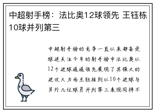 中超射手榜：法比奥12球领先 王钰栋10球并列第三