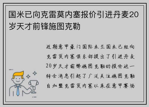 国米已向克雷莫内塞报价引进丹麦20岁天才前锋施图克勒