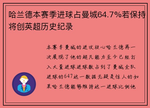 哈兰德本赛季进球占曼城64.7%若保持将创英超历史纪录